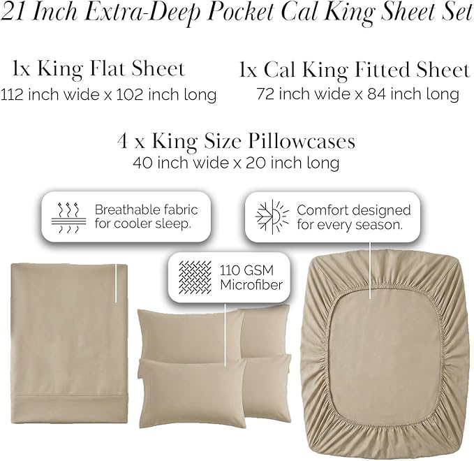 Southshore Fine Living, Inc. 21-Inch Extra Deep Pocket Cal King Sheet Set, 6-Piece California King Sheets Deep Pocket, Pet Hair Resistant Bedding, Taupe Pillow Cases Set of 4, Taupe Sheets Set