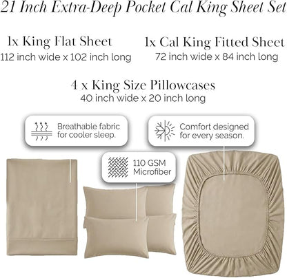 Southshore Fine Living, Inc. 21-Inch Extra Deep Pocket Cal King Sheet Set, 6-Piece California King Sheets Deep Pocket, Pet Hair Resistant Bedding, Taupe Pillow Cases Set of 4, Taupe Sheets Set