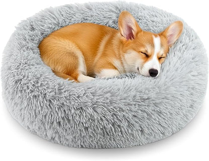 Calming Anti-Anxiety Donuts Dog And Cat Bed, Round Fluffy Soft Washable Extra Large Pet Bed For Puppy And Kitten, Cuddler Warming Comfortable Cushion, Luxury Anti-Slip Waterproof Mute Base 32in Gray