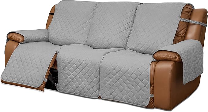 Easy-Going Oversized Recliner Sofa Cover, Reversible Couch Cover for 3 Seat Recliner, Split Sofa Cover for Each Seat with Elastic Straps for Kids, Dogs, Pets (3 Seater, Light Gray/Light Gray)