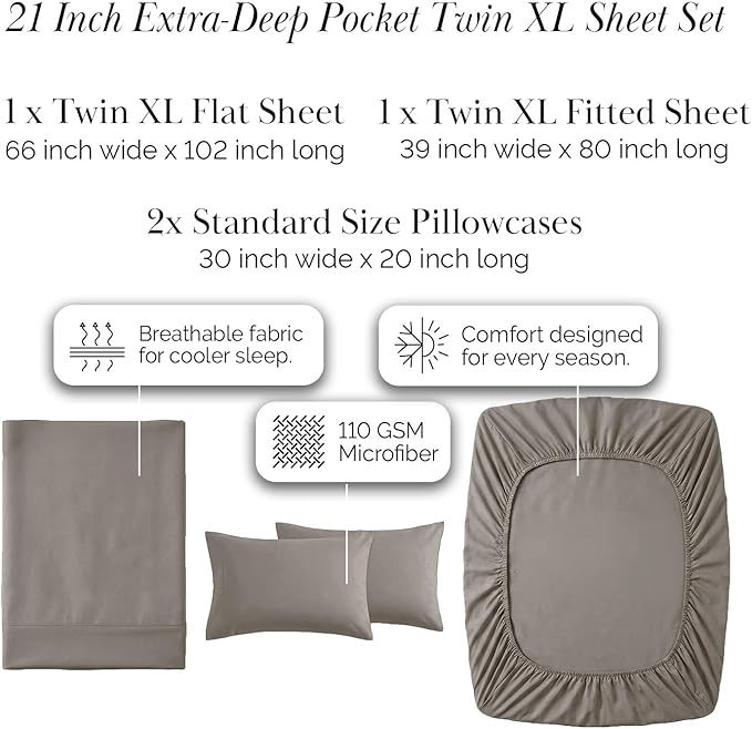 Southshore Fine Living, Inc. 4-Piece Twin XL Bed Sheets Premium Bedding, 21-Inch Deep Pocket Sheet Set, Twin XL Fitted Sheet, Dark Taupe Pillow Cases Standard Size Set of 2, Dark Taupe Sheets