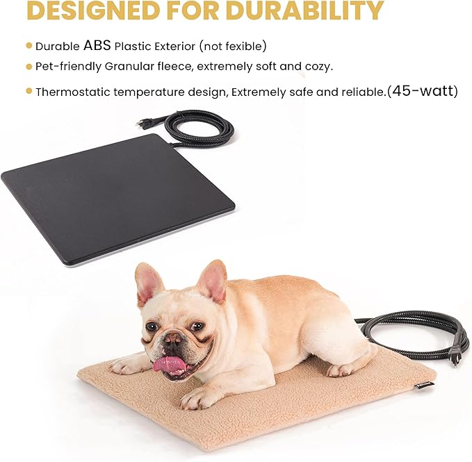 Outdoor Heated Dog Pad for Medium Dog, Cat, Anti-Bite & Waterproof Heating Pad, Pet Warmer for Outside Feral Cat Houses, Durable Indoor Outdoor Warming Pet Mat in Extreme Weather 20" x 16" 45W