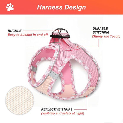 Hipubby Dog Harness Small Sized and Leash Set, No Pull Soft Mesh Puppy Vest, Reflective Breathable Lightweight Pet Harness, Harness for Small Medium Dogs and Cats - Light Pink M