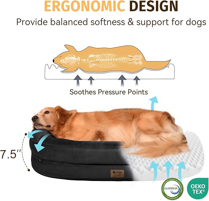 Orthopedic Dog Bed for Extra Large Dogs, XL Waterproof Dog Bed with Bolsters, Supportive Egg Crate Foam Pet Couch Bed with Removable Washable Cover & Non-Slip Bottom, Black