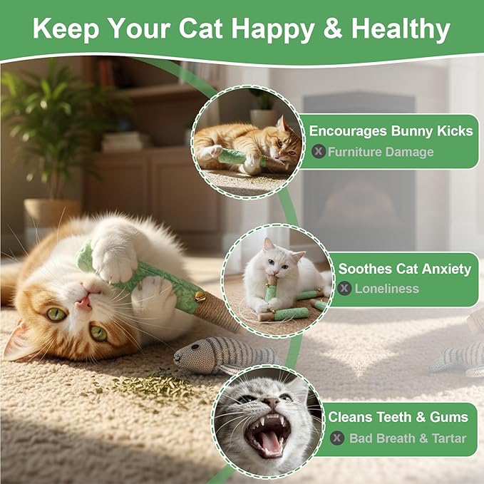 Catnip Toys for Indoor Cats, 3 Pack Funny Cat Chew Toy for Kitten Teething, Soft & Durable Cat Kicker Toys with Dental Rope & Fun Bell, Interactive Organic Cat Nip Toys to Relieve Boredom & Anxiety