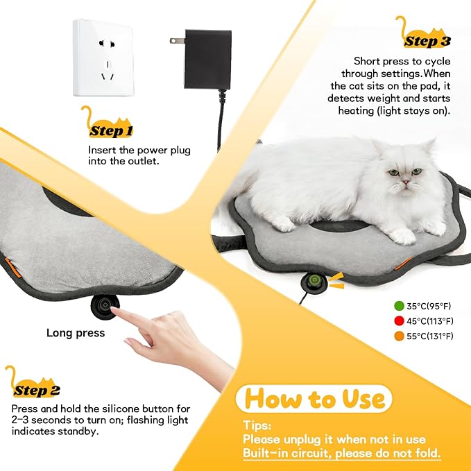 Cat Heating Pad for Indoor Cats Dogs Pressure-Activated Heated Cat Bed for Pets Warming Mat Electric Heated Pads with Removable Cover Adjustable Temp Sunflower Grey 22"X 22"