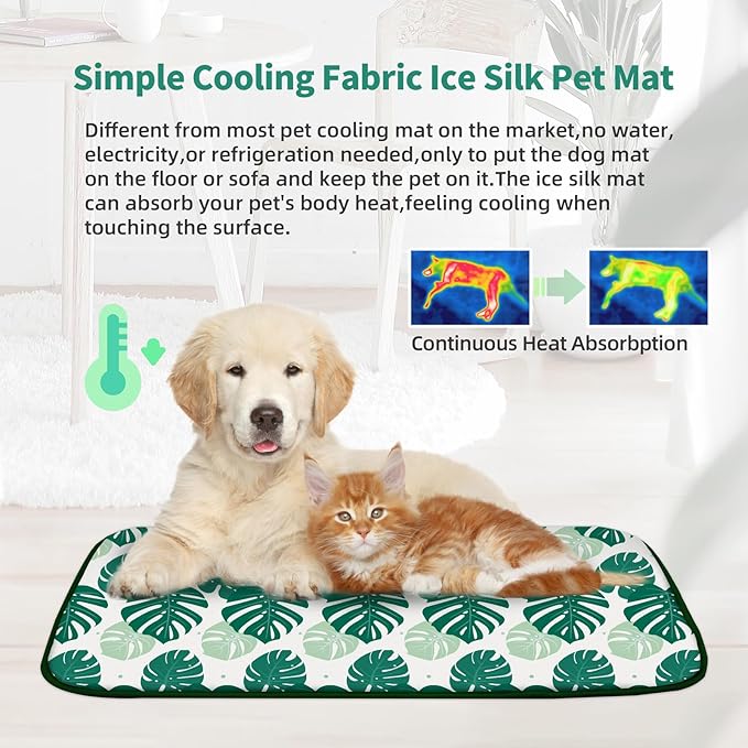 NWK Pet Cooling Mat -Q-Max>0.345 Ice Silk Cooling Mat for Dogs & Cats Portable & Washable Pet Cooling Blanket, Car Seats, Beds for Summer (Green Leaf, 20'' X 16'' X 0.3'')