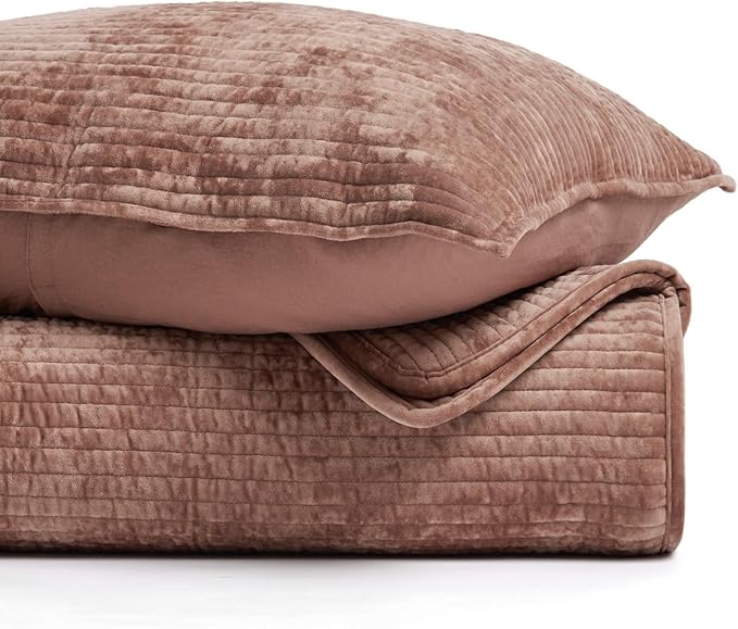 EVERGRACE Velvet Quilt Set Queen Size, Luxurious Soft Quilted Bedding Sets, Lightweight Velvet Comforter for All Season, Striped Channel Bedspread Coverlet with 2 Shams, Terracotta Clay