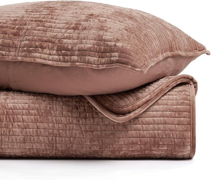EVERGRACE Velvet Quilt Set King Size, Luxurious Soft Quilted Bedding Sets, Lightweight Velvet Comforter for All Season, Striped Channel Bedspread Coverlet with 2 Shams, Terracotta Clay