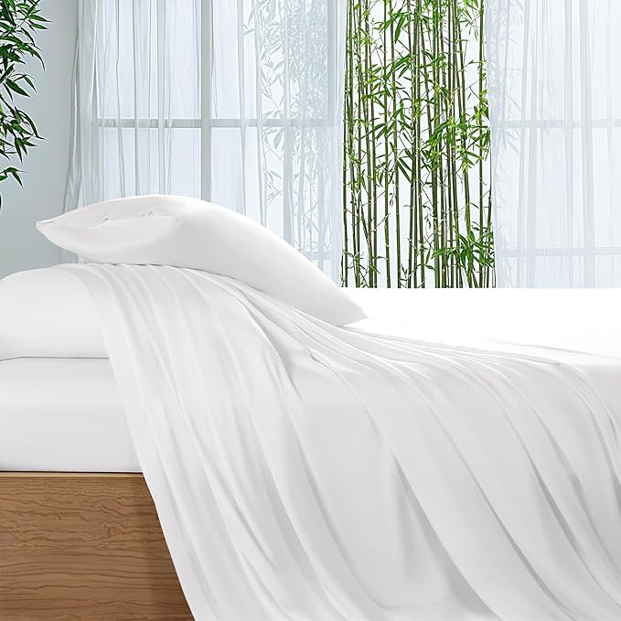 SONORO KATE 100% Viscose Derived from Bamboo_Sheets Full Size, Ultra Breathable & Cooling Bed Sheets for Hot Sleepers, Hotel Luxury Silky Bedding Sheets, 16" Deep Pocket - 4PC (White,Full)