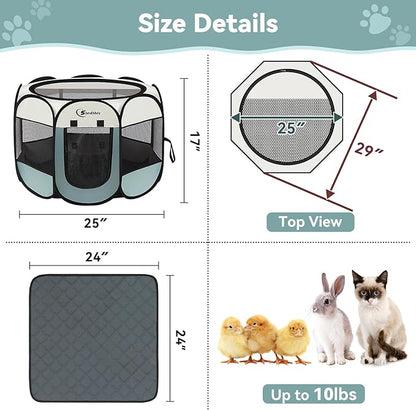 Siedihit Dog Playpen with Washable Pee Pad, Puppy Pet Cat Playpen Small Dogs Tent Crate Indoor/Outdoor, Portable Pop Up Kennel with Carrying Case for Cats/Rabbits(Grey,Small with pad)