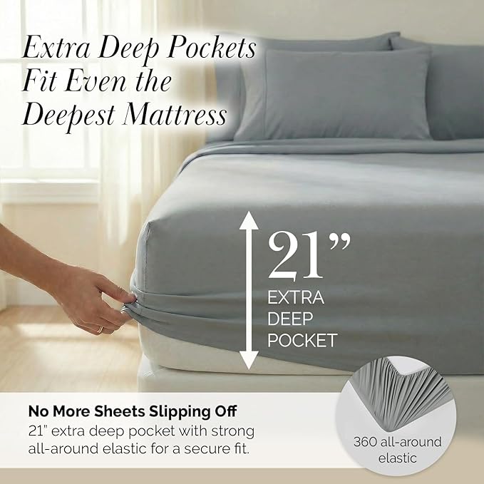 Southshore Fine Living, Inc. 4-Piece Twin XL Sheets Set Premium Bedding, 21-Inch Twin XL Sheets Deep Pockets, Deep Pocket Fitted Sheet, Grey Pillow Cases Standard Size Set of 2, Steel Grey Bedding
