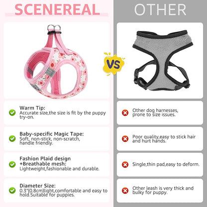SCENEREAL Small Dog Harness and Leash Collar Set, Step in Soft Light Puppy Vest, Breathable Pet Harness for Small Sized Dogs, No Chock Reflective for Safe Outdoor Walking, Pink Flower M