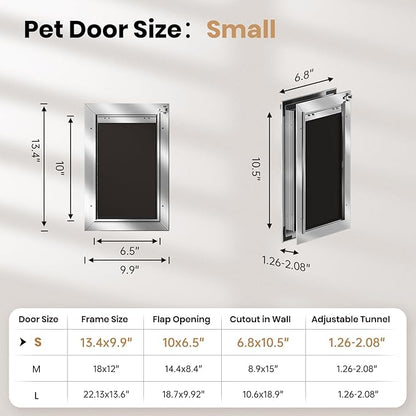 All Aluminum Cat Door, Heavy Duty Doggy Door for Interior and Exterior Doors, Small Dog Door with 2 Magnetic Flaps & 1 Replacement Flap, 2 Closing Panels, Durable Pet Door for Pets Up to 22Lb