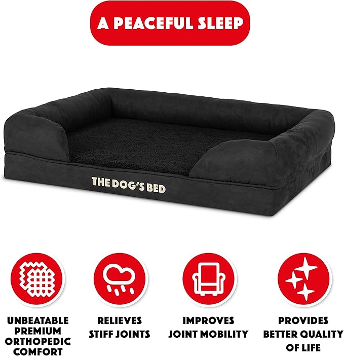 The Dog’s Bed Orthopedic Memory Foam Dog Bed with Bolsters for Medium Dogs, Waterproof Washable Cover, Anti-Slip Base, Calming Surface – CertiPUR-Certified Foam, Plush Fabric, Black Plush, Medium