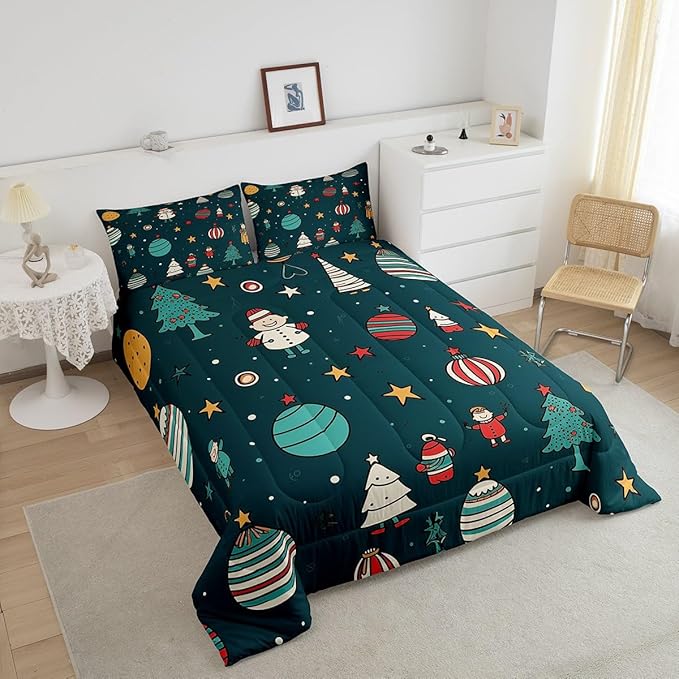 Erosebridal Merry Christmas Twin Comforter Cartoon Snowman Bedding Set for Child Toddler Dark Green Duvet Insert Sparkling Stars Bed Set Xmas Tree Quilted Duvet Soft Cozy Home Decorative 2 Piece