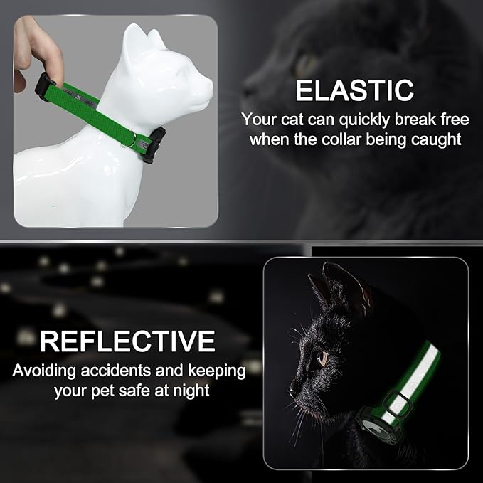 Reflective AirTag Cat Collar, Integrated Cat Tracker Collar with Air Tag Holder and Bell, Safety Elastic Band Cat GPS Collars for Girl Boy Cats, Kittens and Puppies (Emerald,XS)