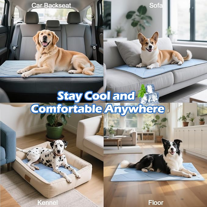 Dog Cooling Mat, 59'' × 40'' Extra Large, Self-Cooling Mat for Dog Reversible (Cool & Warm), Double-Sided Pet Cool Pads for Crate, Kennel, Machine Washable Summer Blanket, Non-Gel, Blue + Grey