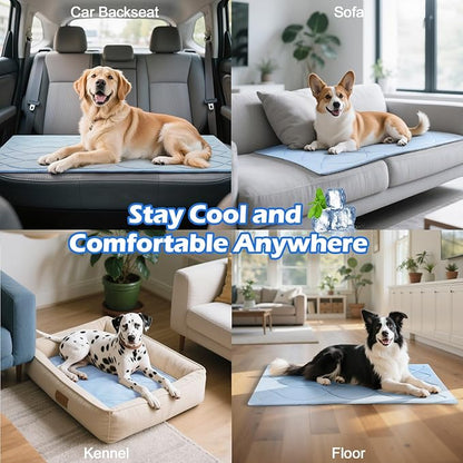Dog Cooling Mat, 48'' × 28'' Large, Self-Cooling Mat for Dog Reversible (Cool & Warm), Double-Sided Pet Cool Pads for Crate, Kennel, Machine Washable Summer Blanket, Non-Gel, Blue + Grey