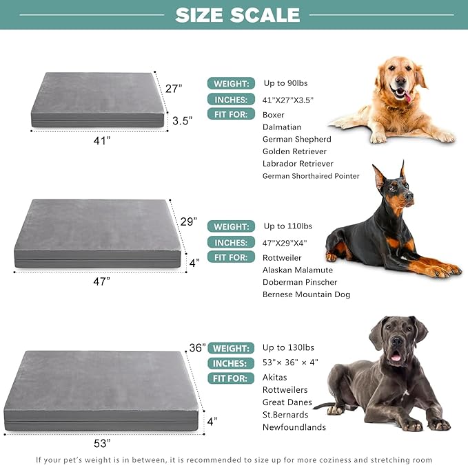 Waterproof XXXL Dog Beds Large Sized Dogs, Outdoor Washable Crate Pad 54 inch, Jumbo Foam Pet Bed with Removable Cover Reversible, Anti-Slip Kennel Pad, 53"x36", Gray