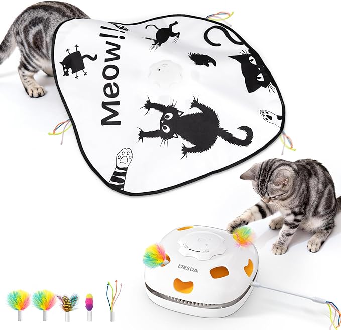 ORSDA Cat Toys for Indoor Cats, 4 in 1 Interactive Automatic Kitten Adult Cat Toy Whack a Mole, Hide and Seek, Moving Magic Wand & Chase Teaser, Rechargeable Touch/Timer Motion& Night DND Mode