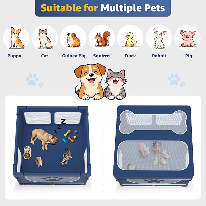 LOOBANI Foldable Dog Playpen with Cover: 1 Min Setup Pet Puppy Playpen Indoor, Sturdy Reinforced Steel/Iron Frame Dog Fence, Portable Whelping Box for Home Dog Cat Rabbit-43.3"x43.3"x27.1"│Patented