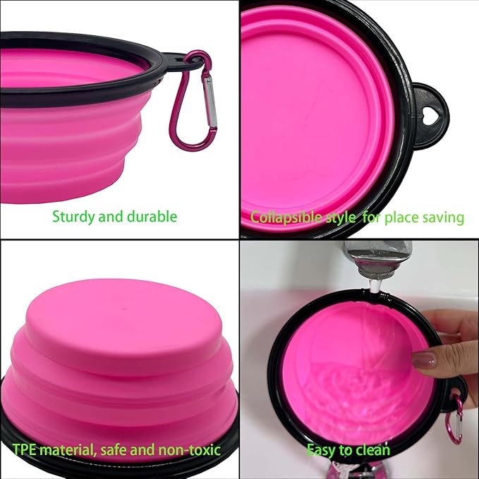 Small Collapsible Dog Bowl 12oz,2 Pack Portable and Foldable Pet Travel Bowls with 2 Carabiners & Lids for Dogs Cats and Small Animals (Purple+Pink, 350ml)