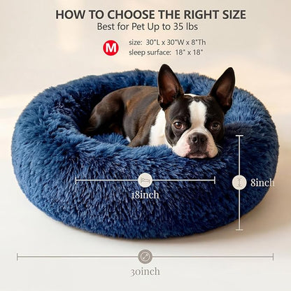 Calming Dog Bed for Medium Dogs Washable Donut 30 inches Anti-Slip Pet Bed,Round Fluffy Plush Faux Fur Cat Bed,Fits up to 45 lbs Pets,Navy Blue