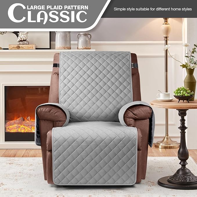 KinCam 100% Waterproof Recliner Chair Cover, Reclining Couch Covers for Pets, Dogs, Recliner Couch Slipcover Furniture Protector with Elastic Straps for Kids(25", Light Gray)