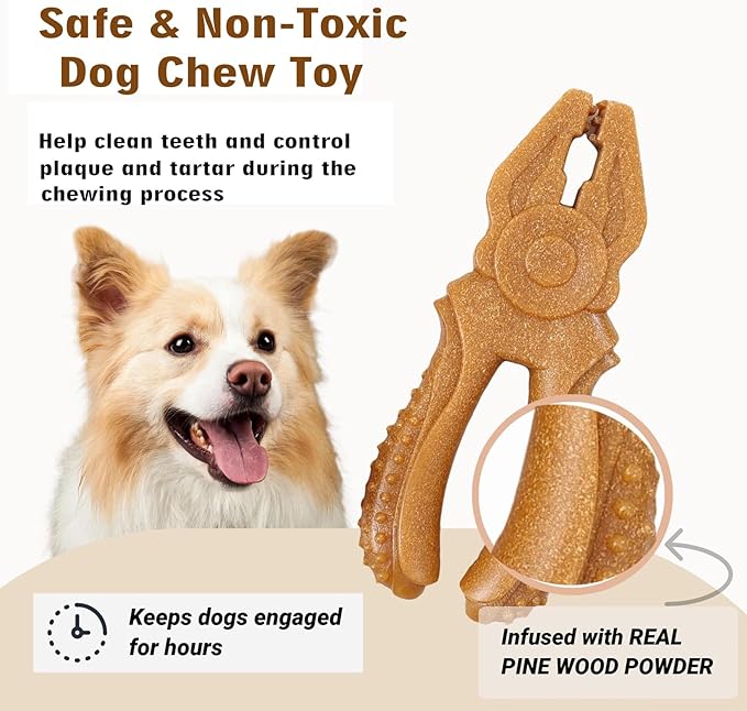 Dog Chew Toys for Aggressive Chewers, Medium & Large Dogs, Made of Real Pine Wood and Durable Food-Grade Nylon, with Tool Shape Design for Dental Cleaning and Long-Lasting Chewing (Brown-Pliers)