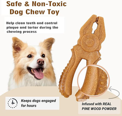 Dog Chew Toys for Aggressive Chewers, Medium & Large Dogs, Made of Real Pine Wood and Durable Food-Grade Nylon, with Tool Shape Design for Dental Cleaning and Long-Lasting Chewing (Brown-Pliers)
