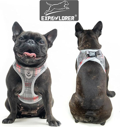 EXPAWLORER Classic Plaid Puppy Harness - Small Dog Harness and Leash Set - Dog Collar and Leash Set with AirTag Holder, Soft Padded Step in Dog Vest Harness No Pull Reflective for Outdoor, Grey XS