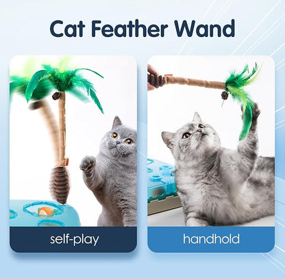 Migipaws 7-in-1 Interactive Cat Toy Motion Activated Indoor Playset with Automatic Pop Bounce Cat Ball, Feather Palm Tree Wand, Catnip Ball & Self-Grooming Cardboard House Rechargeable