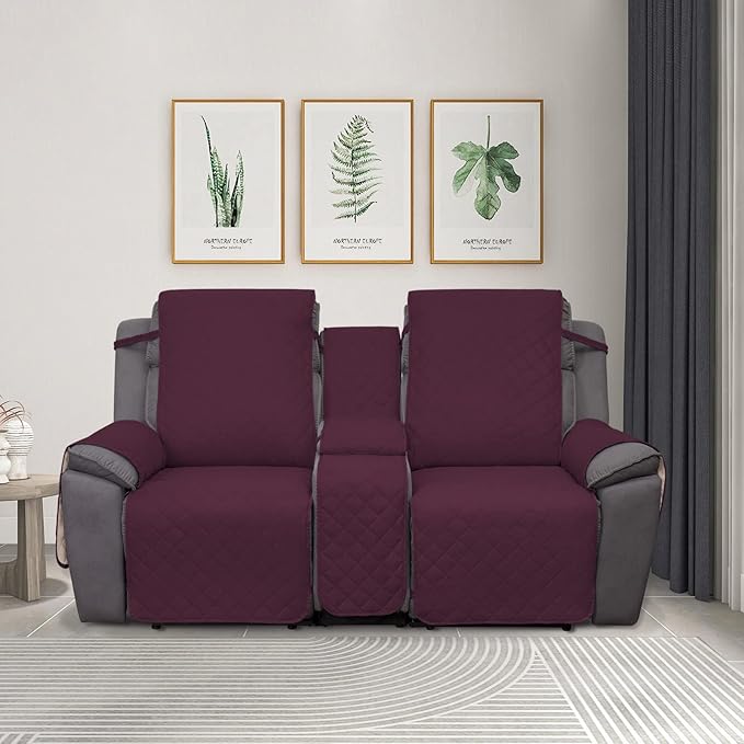 PureFit Water Resistant Reversible Loveseat Recliner Couch Cover for Double Recliner with Console – Non Slip Split Sofa Cover, Washable Reclining Cover for 2 Seat Recliner (2 Seat, Wine/Beige)