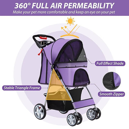 Unisakey 4 Wheels Pet Stroller for Small Medium Dogs Cats 10-33 lbs, Foldable Dog and Cat Stroller with Cup Holder & Storage Basket & Breathable Mesh, Pet Strolling Cart for All-Season, Purple