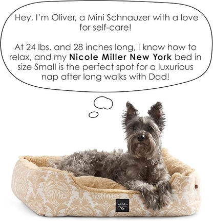 Nicole Miller New York PET Mod Damask Plushy Bolster Pet Bed, Cozy & Calming, Non-Slip Bottom, Machine Washable Cover, Blue, Small 24"x19"x7"