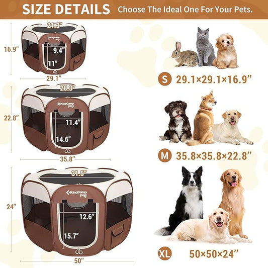 KingCamp Dog Playpen, Portable Foldable Cat Kitten Puppy Tent Crates 29"/36"/50" Pop Up Pet Playpen with Zippered Bottom & Cover for Indoor Outdoor Use (Medium, Khaki)