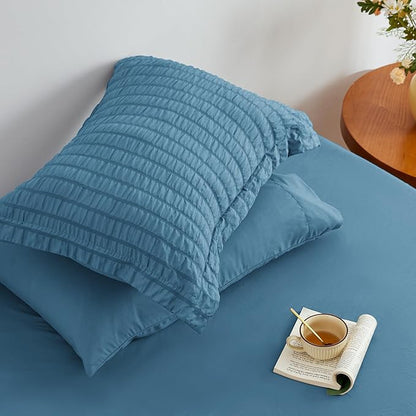 Love's cabin Seersucker Misty Blue California King Comforter Set, 7-Piece All Season Lightweight Bed in a Bag Bedding Set with Comforter, Flat Sheet, Fitted Sheet, Pillowcases and Shams | Soft, Breathable, Lightweight