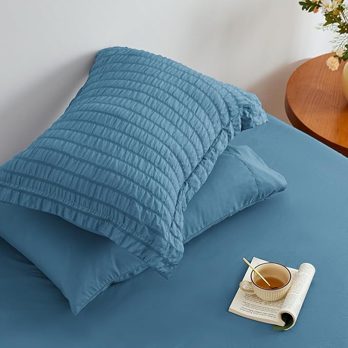 Love's cabin Seersucker Misty Blue Full Comforter Set, 7-Piece All Season Lightweight Bed in a Bag Bedding Set with Comforter, Flat Sheet, Fitted Sheet, Pillowcases and Shams | Soft, Breathable, Lightweight