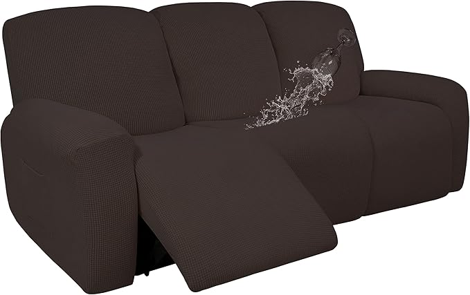 Easy-Going 100% Dual Waterproof Recliner Sofa Cover, 8-Pieces Stretch Relining Couch Cover with Pocket, Jacquard 3 Seat Sofa Slipcover Leakproof Washable (Sofa, Chocolate)