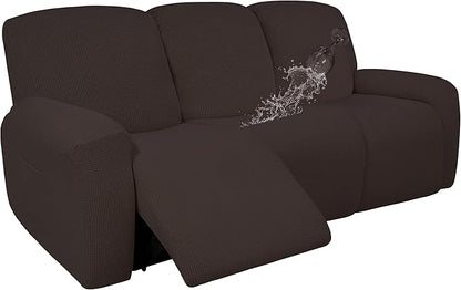 Easy-Going 100% Dual Waterproof Recliner Sofa Cover, 8-Pieces Stretch Relining Couch Cover with Pocket, Jacquard 3 Seat Sofa Slipcover Leakproof Washable (Sofa, Chocolate)