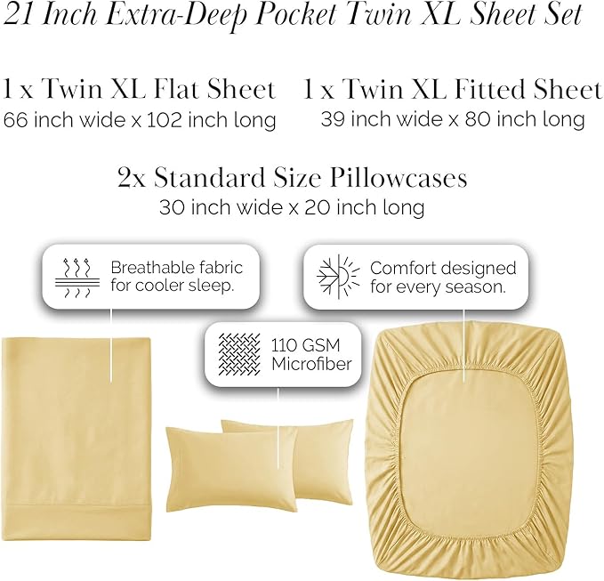 Southshore Fine Living, Inc. 21-Inch Extra Deep Pocket Sheets Twin XL Size Bed Set, 4-Piece Twin XL Sheets Set, Oversized Flat, Microfiber Bedding, Pillowcases Standard Size, Muted Gold