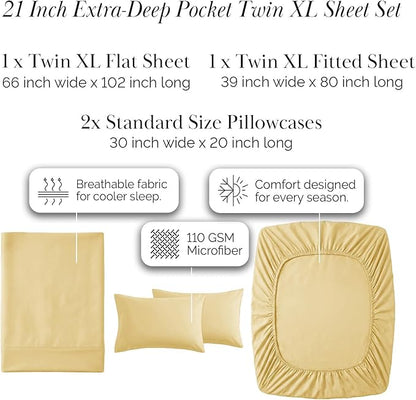 Southshore Fine Living, Inc. 21-Inch Extra Deep Pocket Sheets Twin XL Size Bed Set, 4-Piece Twin XL Sheets Set, Oversized Flat, Microfiber Bedding, Pillowcases Standard Size, Muted Gold