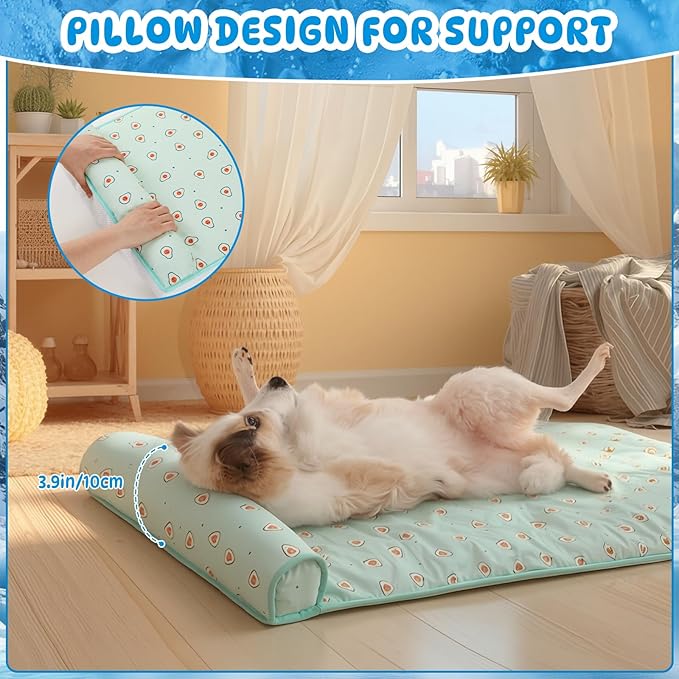 DoubleFill 4 Pack Cooling Dog Mats with Supportive Pillow 23.6" x 31.5" Self Cooling Dog Pads Ice Silk Washable Pet Cool Mat Summer Cat Sleeping Pad with Storage Bag for Crate Bed Floor (Large, Green)