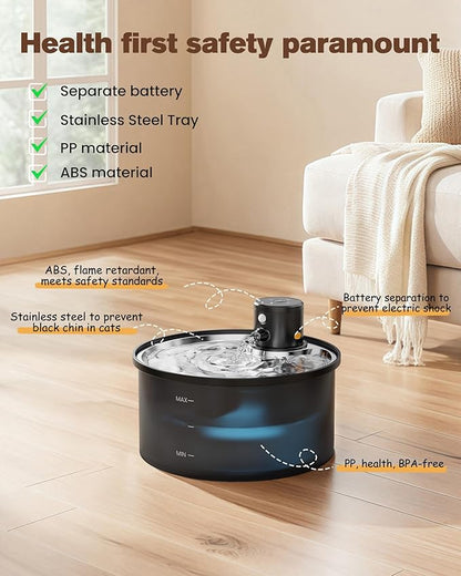 Wireless Cat Water Fountain Cordless: 108oz/3.2L Battery Operated Pet Fountain with Stainless Steel Water Tray + Plastic Barrel (Cat Fountains with 8 Filters & 8 Sponges)