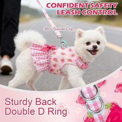 EXPAWLORER Dog Harness Small Medium Sized Dogs, Plaid Dog Dress Bowknot Harness and Leash Set, No Choke No Pull Soft Mesh Vest Cute Princess Puppy Outfits Clothes Costume for Girls Party Cats Pink XS