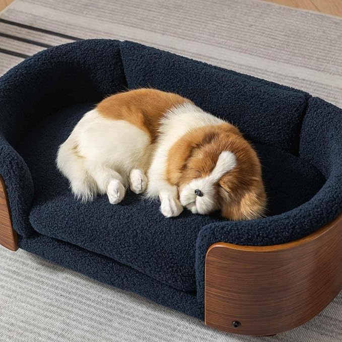 Elevated Pet Sofa Bed with Solid Wood Legs, Bent Wood Back, and Cashmere Cushion - Luxury Pet Furniture for Cats and Dogs, Dark Blue & Walnut