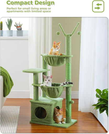 MUTTROS Cactus Cat Tree, 47.6" Cat Tower with 2 Metal Frame Hammock, Cat Scratching Post for Indoor Cats with 2 Removable Pompom Sticks for Kittens, Green