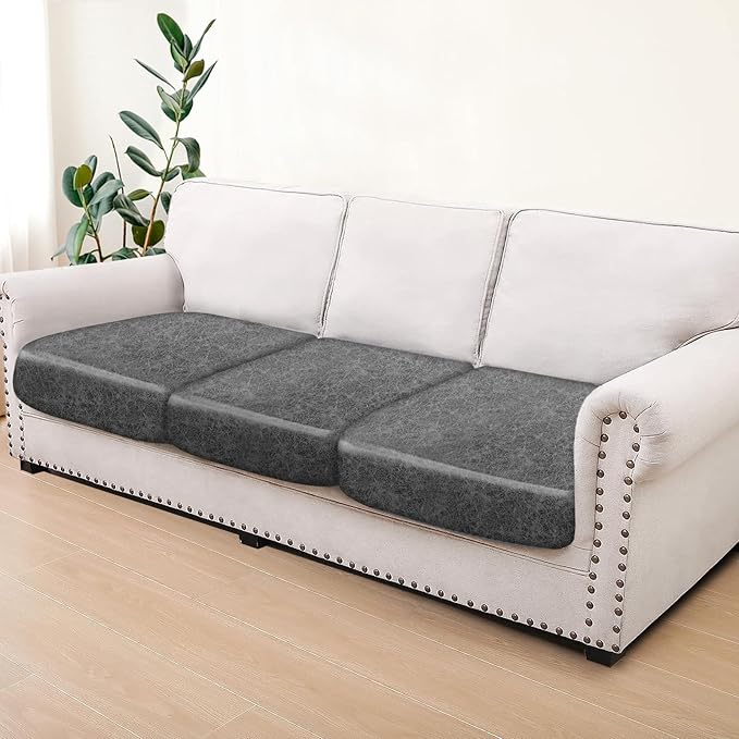 ANARACHON Leather Look Couch Cushion Covers Sofa Seat Slipcovers Sets Couches Furniture Protector for Sectional Armchair Loveseat Pets Kids Stretch Spandex Fabric (3 Cushion Sofa, Light Grey-04)