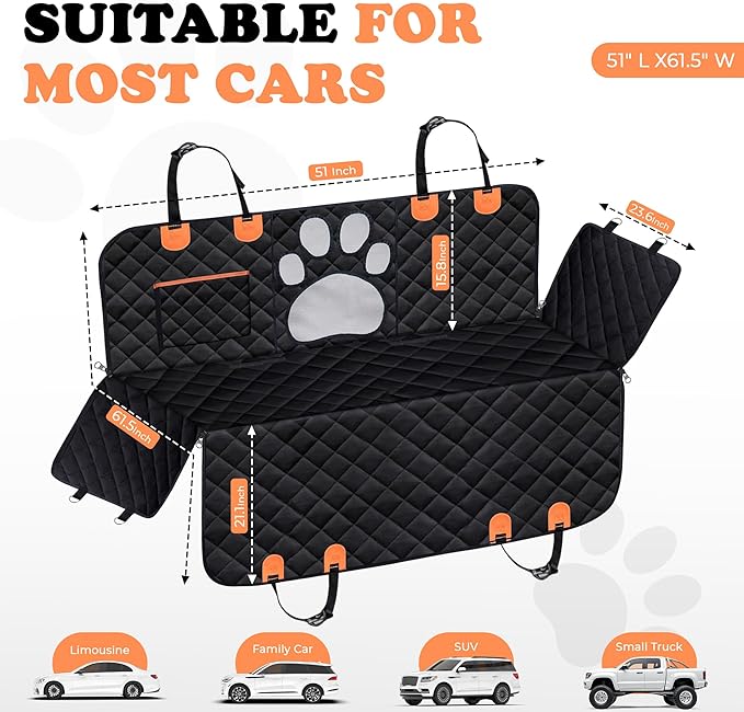 Dog Car Seat Cover For Back Seat, 100% Waterproof Hammock & Back Seat Protector 137*147 cm (54*58 in), Heavy Duty 600D Oxford, Non-Slip, Scratchproof, Easy to Clean, Universal Fit for Cars,